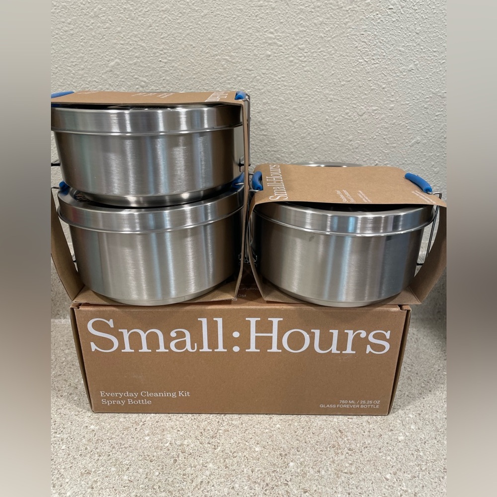 NIB Small Hours three-piece stainless steel bowl set &  Glass Spray Bottle